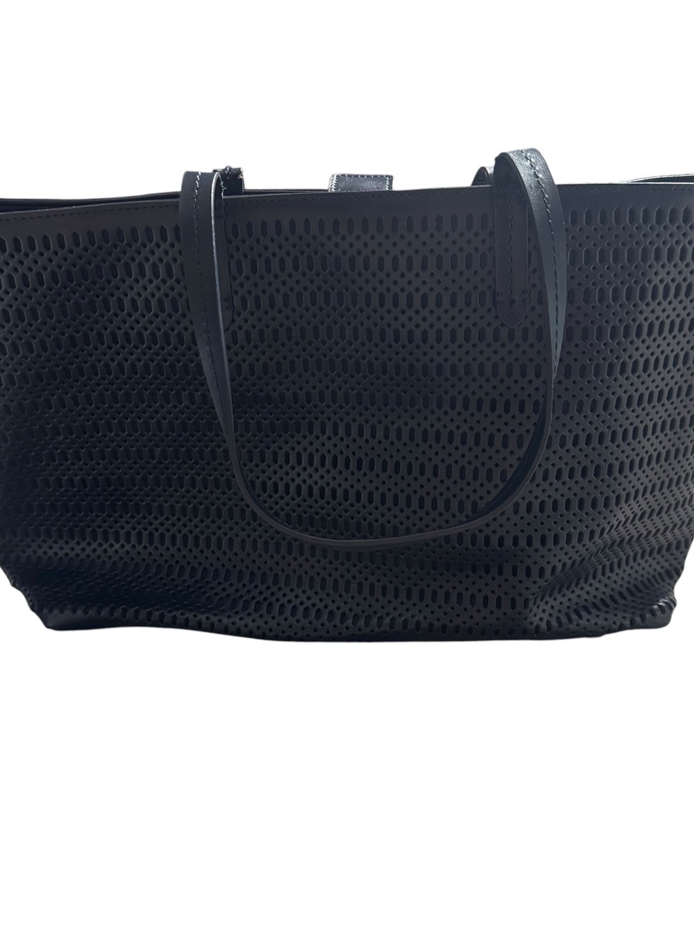 Brooks Brothers Navy Blue Laser Cut Perforated Leather Tote Bag